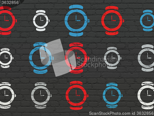 Image of Time concept: Watch icons on wall background