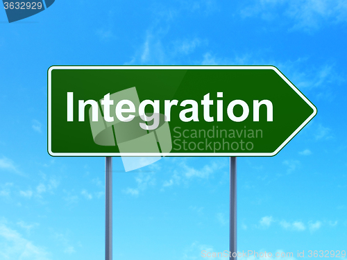 Image of Finance concept: Integration on road sign background