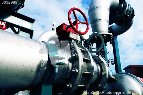 Image of Industrial zone, Steel pipelines in blue tones  