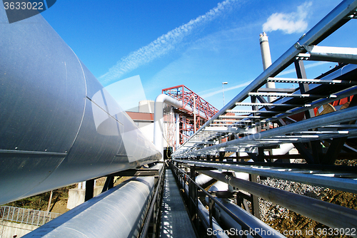 Image of Industrial zone, Steel pipelines and valves against blue sky