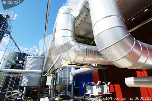 Image of Industrial zone, Steel pipelines and valves against blue sky