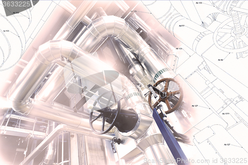 Image of Sketch of piping design mixed with industrial equipment photo