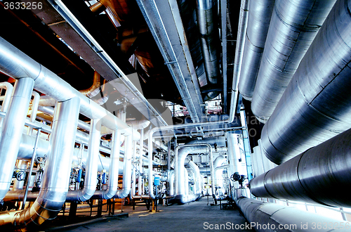 Image of Industrial zone, Steel pipelines in blue tones  