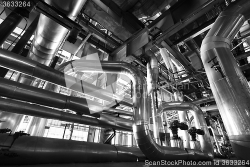 Image of Industrial zone, Steel pipelines in black and white