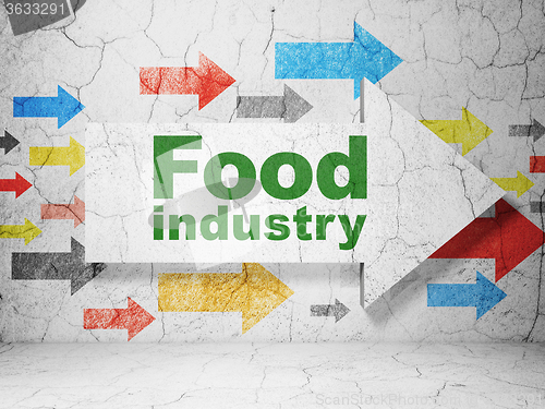 Image of Manufacuring concept: arrow with Food Industry on grunge wall background