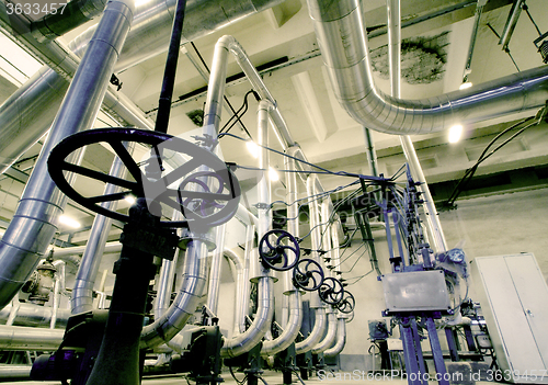 Image of Industrial zone, Steel pipelines in blue tones  