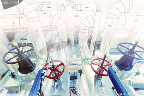 Image of Sketch of piping design mixed with industrial equipment photo