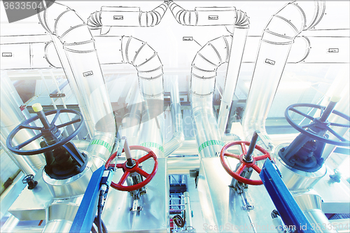 Image of Sketch of piping design mixed with industrial equipment photo