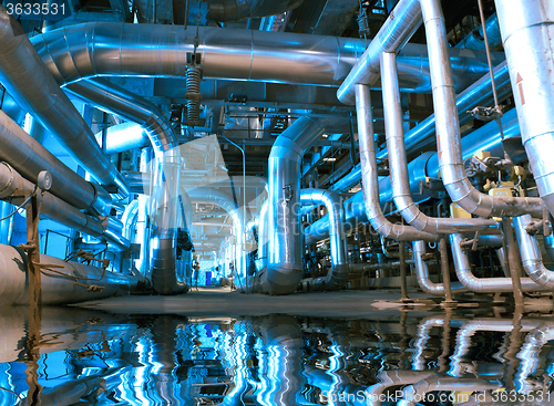 Image of Industrial zone, Steel pipelines and cables in blue tones