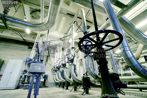 Image of Industrial zone, Steel pipelines in blue tones  