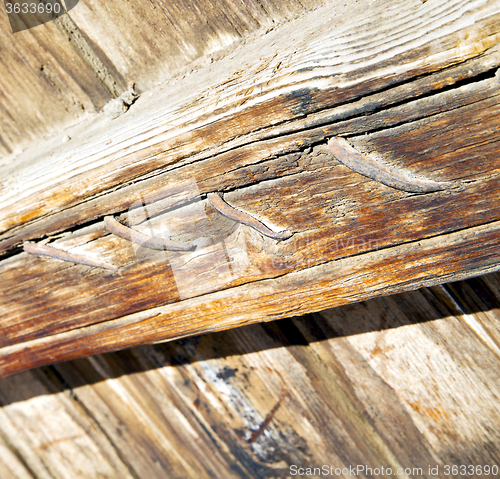 Image of metal nail dirty stripped paint in the brown   red wood door and