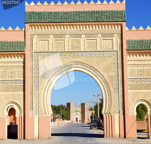 Image of morocco arch in africa old construction street  the blue sky
