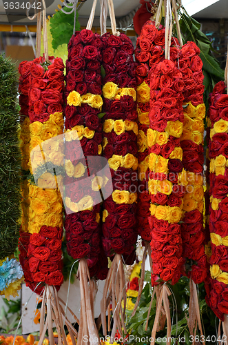 Image of Flower garlands and basket of flower used for hinduism religion 