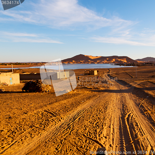 Image of sunshine in the lake yellow  desert of morocco sand and     dune