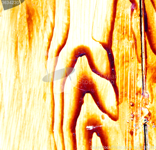 Image of nail dirty stripped paint in the brown wood door and rusty  yell
