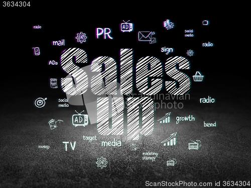 Image of Advertising concept: Sales Up in grunge dark room
