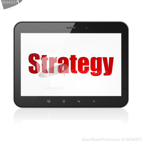 Image of Finance concept: Tablet Computer with Strategy on display