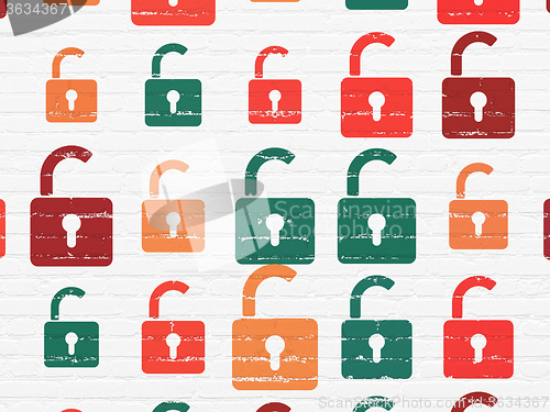 Image of Data concept: Opened Padlock icons on wall background