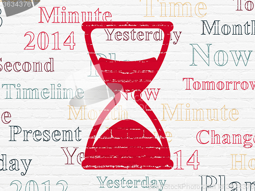 Image of Time concept: Hourglass on wall background