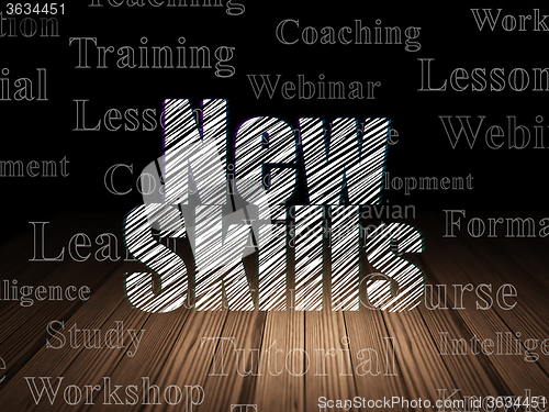 Image of Education concept: New Skills in grunge dark room