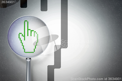 Image of Web design concept:  Mouse Cursor with optical glass on digital background