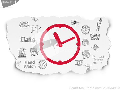 Image of Timeline concept: Clock on Torn Paper background