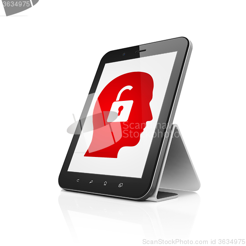 Image of Business concept: Tablet Computer with Head With Padlock on display