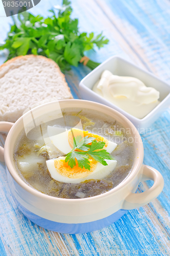Image of green soup with boiled eggs