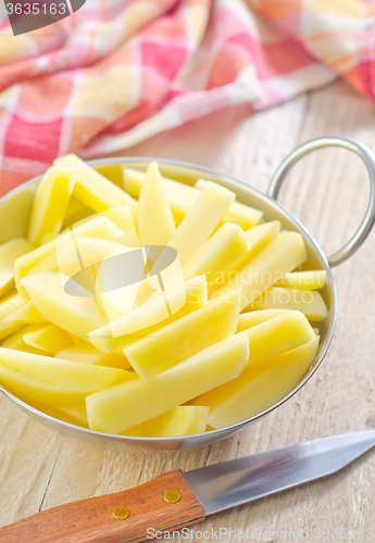 Image of raw potato in metal bowl