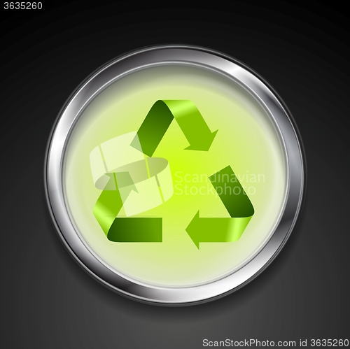 Image of Metal button with green recycle logo sign