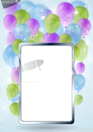 Image of Greeting card design with silver blank frame and balloons