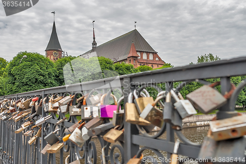 Image of Locks of love on Medovy Bridge. Kaliningrad.Russia