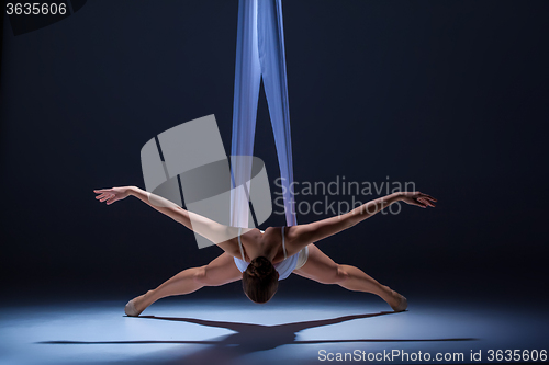 Image of Young beautiful dancer in beige dress posing on gray background