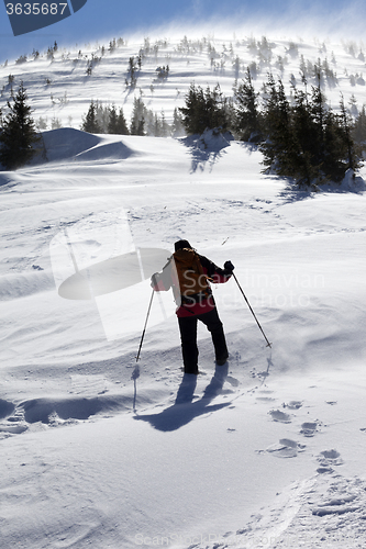 Image of Hiker in winter mountains at sunny windy day