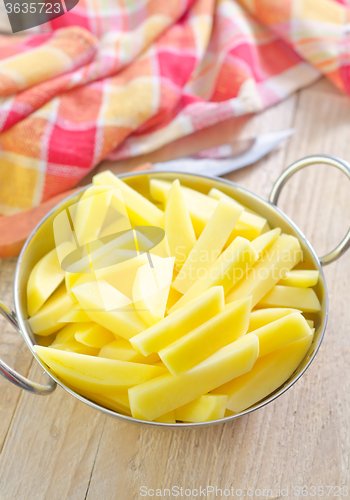 Image of raw potato in metal bowl