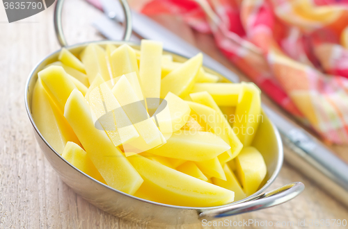 Image of raw potato in metal bowl