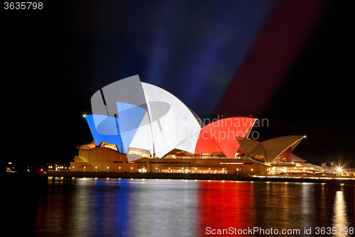 Image of Sydney Opera House in colours of French Flag