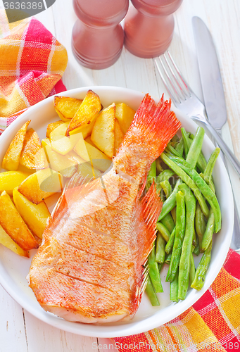 Image of fried fish, potato and green beans