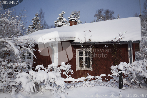 Image of red cottage in winter