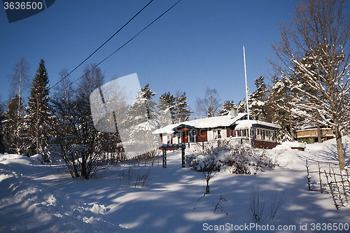 Image of red cottage in snow