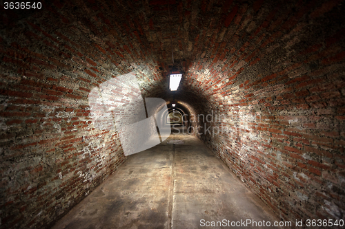 Image of Long underground brick tunnel angle shot