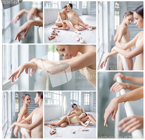 Image of The two classic ballet dancers posing on white wooden floor