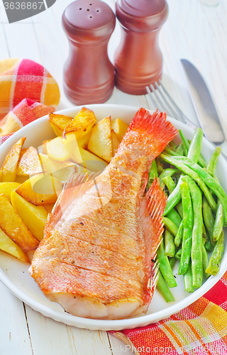 Image of fried fish, potato and green beans