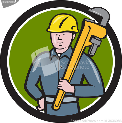 Image of Plumber Holding Wrench Circle Cartoon
