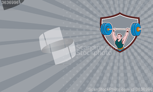 Image of Business card Weightlifter Lifting Barbell Shield Cartoon