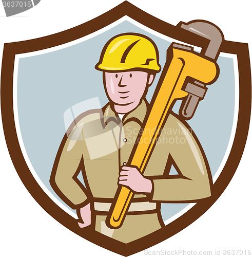 Image of Plumber Holding Wrench Crest Cartoon