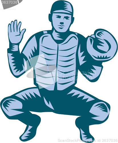 Image of Baseball Catcher Gloves Woodcut