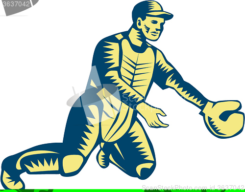 Image of Baseball Catcher Catching Woodcut