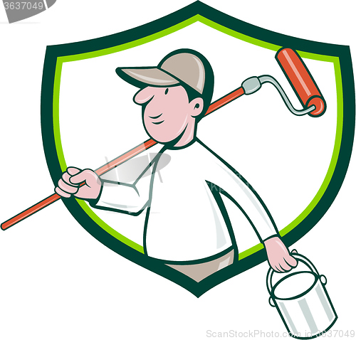 Image of House Painter Paint Roller Can Shield Cartoon