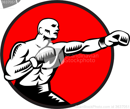 Image of Boxer Jabbing Punching Circle Woodcut